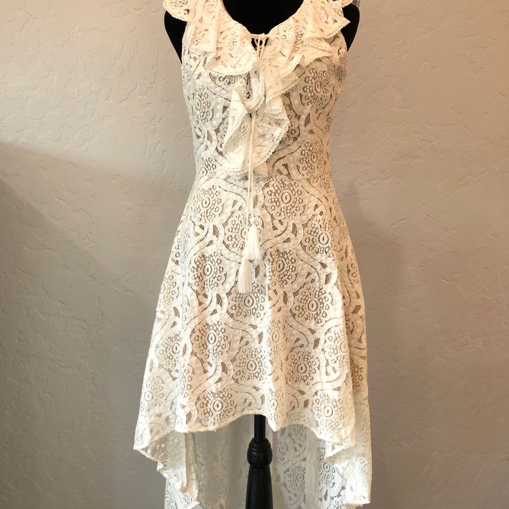 Aqua nude white lace hi low dress size small